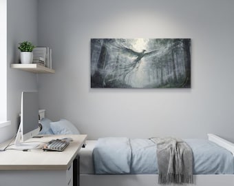 Arte de parede com fênix em estilo pictórico e fantástico - Ilustração de floresta encantada