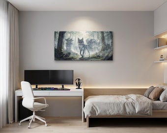 Arte de parede do espírito Kitsune - Ilustração pictórica fantástica de ruínas de templo