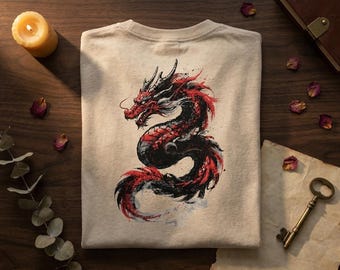 Camiseta de dragón acuarela: camiseta gráfica de arte fantástico, ropa de criaturas rojas y negras.