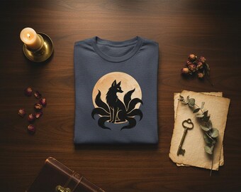 Camiseta Kitsune Fox Moon: Mitología japonesa, camiseta gráfica minimalista de estilo zen.