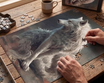 Rompecabezas del Lobo Mítico: Desafío de Arte Fantástico en Caja Metálica