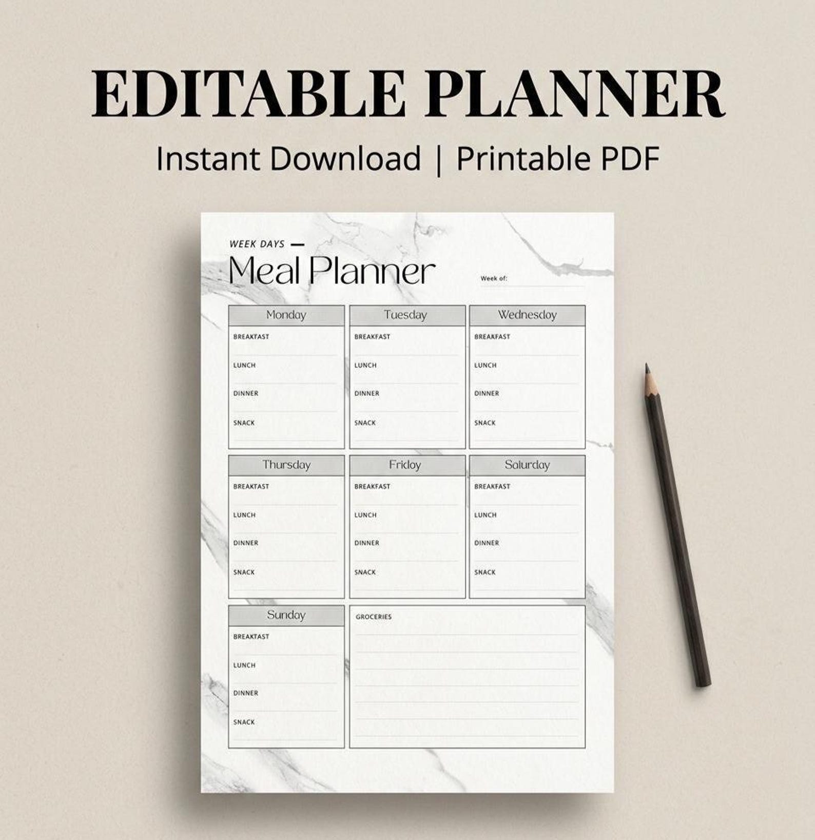 Weekly Meal Planner Printable – Minimalist Menu, Grocery List (instant ...