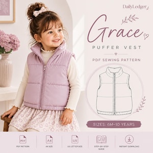 Puede incluir: Un patrón de costura en PDF para un chaleco acolchado Grace de DailyLedger. La imagen muestra a un niño con un chaleco acolchado sin mangas de color morado claro con cremallera sobre una camisa crema de manga larga y falda floral. Tallas 6M-10 años.