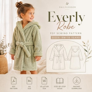 May include: A sage green hooded robe with a tie belt, presented as a PDF sewing pattern by DailyLedger. The design includes sizes 6M-10 years, featuring technical line drawings of the front and back views, plus icons for A4, US letter, and download.