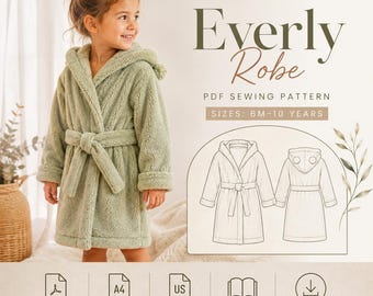 May include: A sage green hooded robe with a tie belt, presented as a PDF sewing pattern by DailyLedger. The design includes sizes 6M-10 years, featuring technical line drawings of the front and back views, plus icons for A4, US letter, and download.