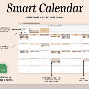 Puede incluir: Un calendario digital titulado "Smart Calendar" con el texto "- NEVER MISS A BILL PAYMENT AGAIN -." El calendario se muestra en formato de hoja de c&aacute;lculo, con opciones para establecer el a&ntilde;o, el mes y el d&iacute;a de inicio. Disponible en Google Sheets.