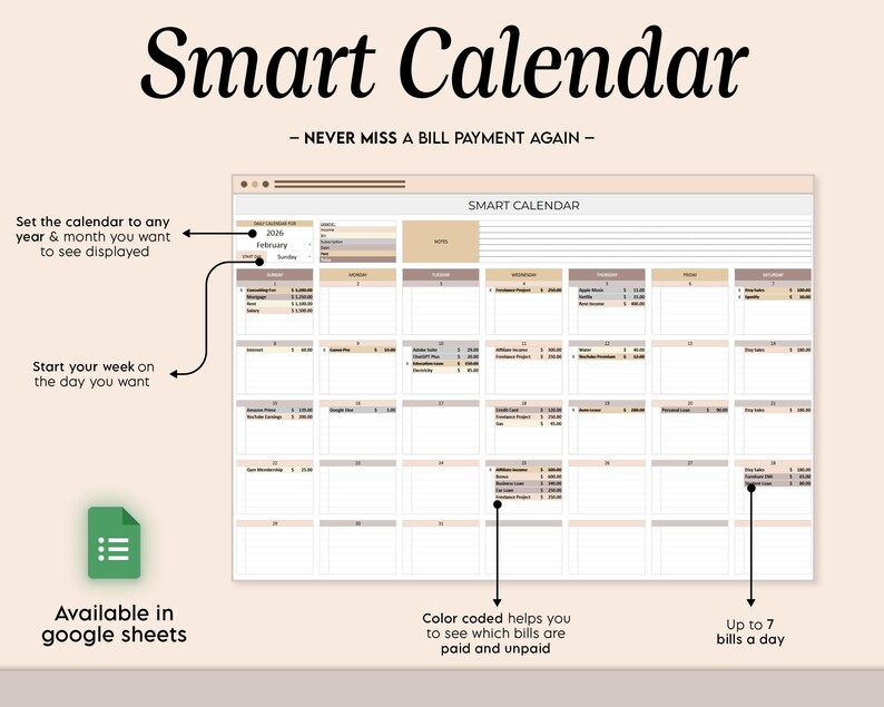 Puede incluir: Un calendario digital titulado "Smart Calendar" con el texto "- NEVER MISS A BILL PAYMENT AGAIN -." El calendario se muestra en formato de hoja de c&aacute;lculo, con opciones para establecer el a&ntilde;o, el mes y el d&iacute;a de inicio. Disponible en Google Sheets.