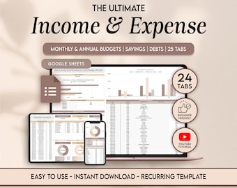 Hoja de cálculo de seguimiento de ingresos y gastos Hoja de cálculo de Google Seguimiento de gastos mensuales Plantilla de presupuesto de finanzas personales Descarga digital