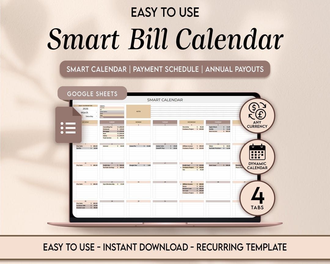 Smart Bill Calendar Spreadsheet Automated Monthly Bill Payment Planner ...