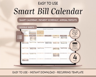 Hoja de cálculo de calendario de facturas inteligente Planificador de pagos mensuales de facturas automatizado Hojas de cálculo de Google Panel de seguimiento de suscripciones Plantilla de organizador de facturas