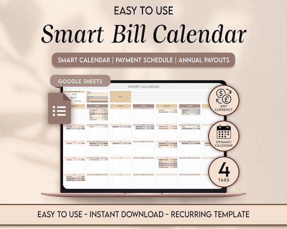 Smart bill Calendar Spreadsheet Automated Monthly Bill Payment Planner google sheets Subscription Tracker Dashboard Bill Organizer template