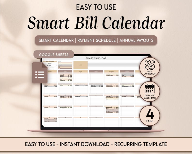 Puede incluir: Una pantalla de port&aacute;til muestra una plantilla de "Smart Bill Calendar". El dise&ntilde;o del calendario incluye secciones para pagos y horarios. Las funciones incluyen "Any Currency", "Dynamic Calendar" y "4 Tabs". El texto "Easy to Use" e "Instant Download" tambi&eacute;n es visible.