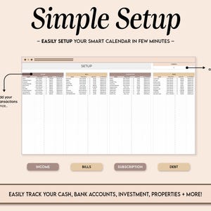 Puede incluir: Una interfaz de planificador digital con el t&iacute;tulo "Simple Setup" y el texto "Easily setup your smart calendar in few minutes." La interfaz incluye secciones para ingresos, facturas, suscripciones y deudas. Tambi&eacute;n es visible el texto "Simply add your recurring transactions only once".