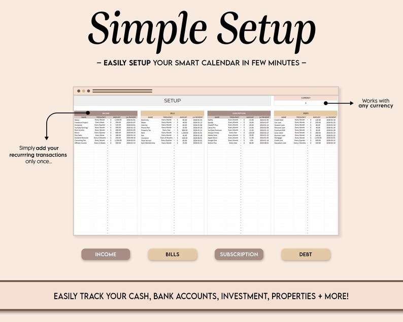 Puede incluir: Una interfaz de planificador digital con el t&iacute;tulo "Simple Setup" y el texto "Easily setup your smart calendar in few minutes." La interfaz incluye secciones para ingresos, facturas, suscripciones y deudas. Tambi&eacute;n es visible el texto "Simply add your recurring transactions only once".