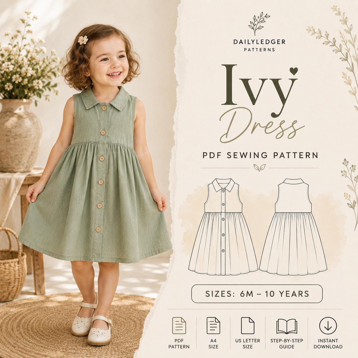 Dress Pattern For Kids, Toddler Girl Dress Sewing Pattern PDF, Girls Collared Button Up Dress, Sleeveless Sundress Easy Kids Sewing