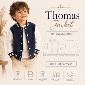 Könnte beinhalten: Ein PDF-Schnittmuster für die Thomas-Jacke, bestehend aus einer marineblauen College-Jacke mit weißen Ärmeln und gestreiften Rippbündchen. Die Grafik enthält technische Strichzeichnungen der Vorder- und Rückseite sowie Angaben zu den Größen 6M-10 Jahre.