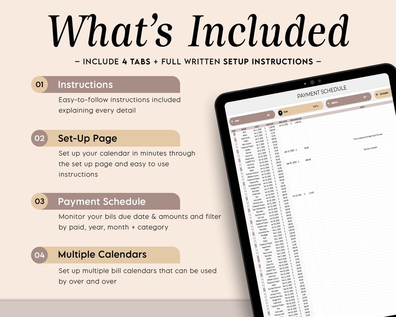 Puede incluir: Una tableta digital que muestra un calendario de pagos, con el texto "What's Included" en la parte superior. La imagen destaca las instrucciones, una p&aacute;gina de configuraci&oacute;n, el calendario de pagos y m&uacute;ltiples calendarios. La pantalla de la tableta muestra una lista detallada de datos financieros.