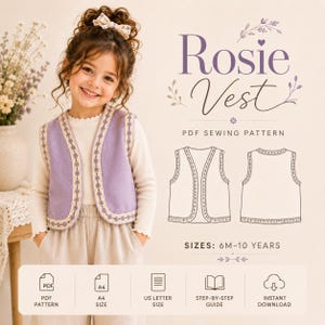 Op de afbeelding: Een PDF-naaipatroon voor een Rosie-vest, met een lavendelkleurig vest met decoratieve rand, getoond op een kind. Het patroon bevat technische tekeningen, maten van 6 maanden tot 10 jaar en iconen voor PDF, A4, US Letter en de handleiding.