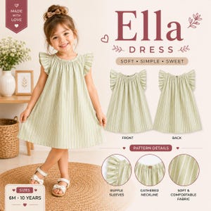 May include: A light green dress with white vertical stripes, featuring ruffle sleeves, a gathered neckline, and a button closure at the back. The text Ella DRESS SOFT SIMPLE SWEET is visible, along with labels for ruffle sleeves and gathered neckline.