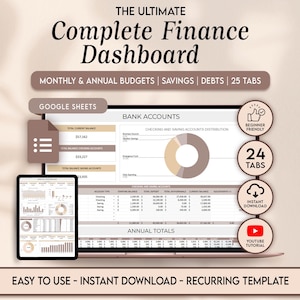 Op de afbeelding: Digitaal financieel dashboard weergegeven op een laptop en tablet. Het dashboard bevat maandelijkse en jaarlijkse budgetten, besparingen en schuldenregistratie. Tekst op de afbeelding is "Complete Finance Dashboard", "Google Sheets" en "Easy to Use - Instant Download".
