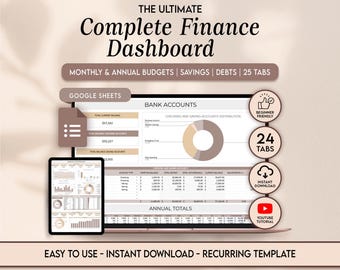 Panel de finanzas definitivo, hoja de cálculo de presupuesto anual, planificador de presupuesto anual, hojas de cálculo de Google, descarga digital
