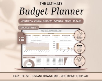 Planificador de presupuesto definitivo. Hoja de cálculo para Google Sheets. Seguimiento del presupuesto anual 2026. Presupuesto personal anual. Descarga digital.