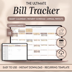 Puede incluir: Un rastreador de facturas digital que se muestra en una computadora portátil y una tableta. El texto "THE ULTIMATE Bill Tracker" está en la parte superior. Incluye calendario inteligente, calendario de pagos y pagos anuales. Iconos: fácil, dinámico, descarga instantánea.