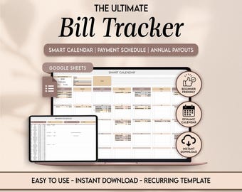 Seguimiento de facturas Hoja de cálculo de Google Seguimiento de pagos de facturas Finanzas personales Pago de facturas mensuales Organizador Calendario Planificador de facturas Plantilla