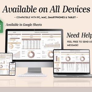 May include: A digital dashboard displayed on a desktop computer, laptop, tablet, and smartphone. The text "Available on All Devices" and "Available in Google Sheets" are visible. The dashboard shows charts and data, with the text "Need Help?" and "Feel free to send us a message!"