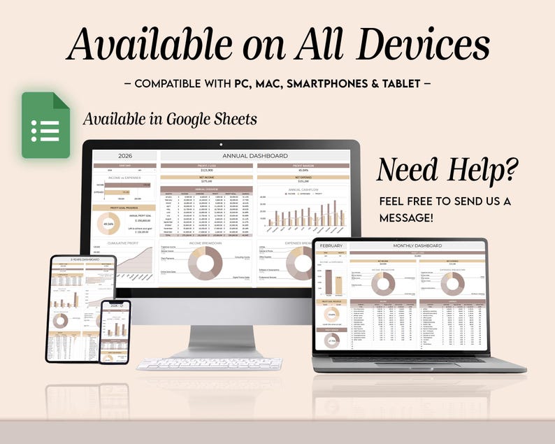 May include: A digital dashboard displayed on a desktop computer, laptop, tablet, and smartphone. The text "Available on All Devices" and "Available in Google Sheets" are visible. The dashboard shows charts and data, with the text "Need Help?" and "Feel free to send us a message!"