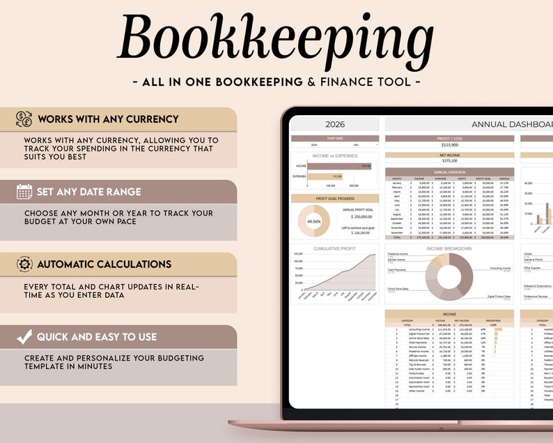 May include: A digital bookkeeping and finance tool displayed on a tablet. The screen shows financial data, charts, and graphs. Text on the screen includes "2026" and "Annual Dashboard." Additional text highlights features like currency compatibility and automatic calculations.
