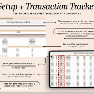 May include: A digital bookkeeping and transaction tracker with the title "Setup + Transaction Tracker". The image shows a tablet and a computer screen with financial data, including income sources, expenses, and profit goals. The text highlights features like automatic updates and clear financial tracking.
