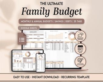 Hoja de cálculo de presupuesto mensual familiar (Hojas de cálculo de Google para gastos del hogar) Plantilla de seguimiento de presupuesto anual mensual para niños y familia