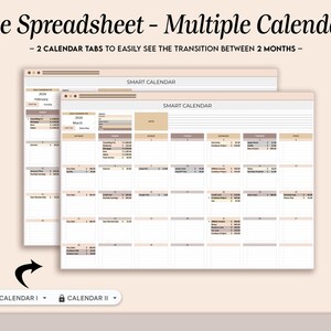 Puede incluir: Se muestran dos hojas de c&aacute;lculo de calendario digital, que muestran una vista mensual con datos financieros. El texto dice "One Spreadsheet - Multiple Calendars" y "2 Calendar Tabs to Easily See the Transition Between 2 Months." Las hojas de c&aacute;lculo est&aacute;n etiquetadas como "Calendar I" y "Calendar II."