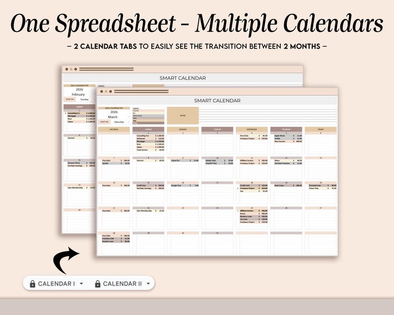 Puede incluir: Se muestran dos hojas de c&aacute;lculo de calendario digital, que muestran una vista mensual con datos financieros. El texto dice "One Spreadsheet - Multiple Calendars" y "2 Calendar Tabs to Easily See the Transition Between 2 Months." Las hojas de c&aacute;lculo est&aacute;n etiquetadas como "Calendar I" y "Calendar II."