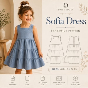 May include: A PDF sewing pattern for the Sofia Dress, featuring a tiered, sleeveless blue dress with a square neckline. The design includes technical line drawings of the front and back views, with button closures, for sizes 6 months to 10 years.