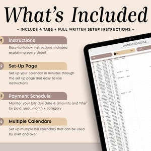 Puede incluir: Una tableta digital que muestra un calendario de pagos, con el texto "What's Included" en la parte superior. La imagen destaca las instrucciones, una p&aacute;gina de configuraci&oacute;n, un calendario de pagos y m&uacute;ltiples calendarios. La tableta es negra con una pantalla blanca.