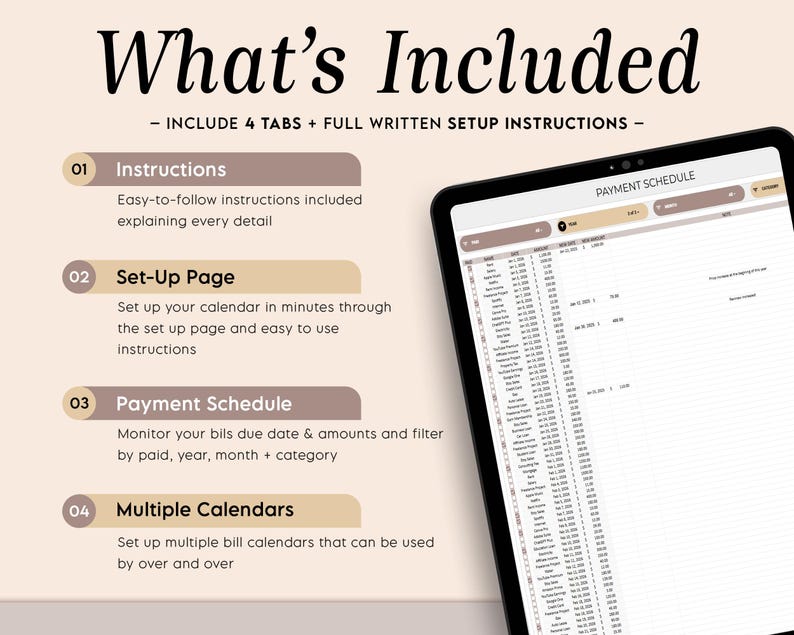 Puede incluir: Una tableta digital que muestra un calendario de pagos, con el texto "What's Included" en la parte superior. La imagen destaca las instrucciones, una p&aacute;gina de configuraci&oacute;n, un calendario de pagos y m&uacute;ltiples calendarios. La tableta es negra con una pantalla blanca.