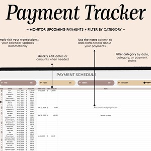 Puede incluir: Un rastreador de pagos digital que se muestra en la pantalla de una tableta. El t&iacute;tulo "Payment Tracker" est&aacute; en la parte superior, con instrucciones para monitorear los pagos y filtrar por categor&iacute;a. La pantalla muestra un calendario de pagos.