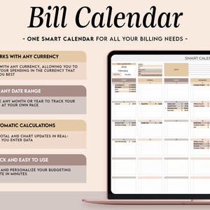 Puede incluir: Un calendario de facturas digital que se muestra en una tableta, con el t&iacute;tulo "Bill Calendar". Ofrece funciones como seguimiento de divisas, configuraci&oacute;n de rango de fechas, c&aacute;lculos autom&aacute;ticos y facilidad de uso. El calendario est&aacute; dise&ntilde;ado para la presupuestaci&oacute;n.