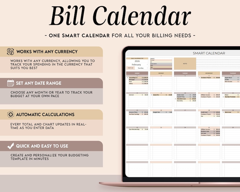 Puede incluir: Un calendario de facturas digital que se muestra en una tableta, con el t&iacute;tulo "Bill Calendar". Ofrece funciones como seguimiento de divisas, configuraci&oacute;n de rango de fechas, c&aacute;lculos autom&aacute;ticos y facilidad de uso. El calendario est&aacute; dise&ntilde;ado para la presupuestaci&oacute;n.