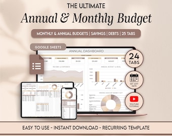 Hoja de cálculo de presupuesto anual Hojas de cálculo de Google Planificador de presupuesto Plantilla de presupuesto anual Planificador financiero Seguimiento de presupuesto mensual Descarga digital