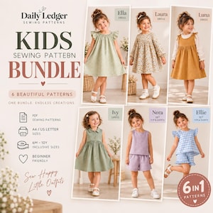 May include: A digital sewing pattern bundle titled Daily Ledger Kids Sewing Pattern Bundle featuring six clothing designs: the Ella dress, Laura dress, Luna dress, Ivy dress, Nora set, and Ellie set. Includes PDF, A4, US Letter, and 6M-10Y sizing.