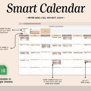 Puede incluir: Un calendario digital titulado "Smart Calendar" con el texto "- NEVER MISS A BILL PAYMENT AGAIN -." El calendario se muestra en formato de hoja de c&aacute;lculo, con opciones para establecer el a&ntilde;o, el mes y el d&iacute;a de inicio. Disponible en Google Sheets.