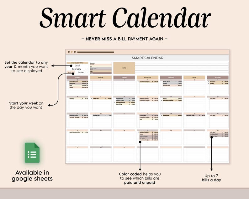 Puede incluir: Un calendario digital titulado "Smart Calendar" con el texto "- NEVER MISS A BILL PAYMENT AGAIN -." El calendario se muestra en formato de hoja de c&aacute;lculo, con opciones para establecer el a&ntilde;o, el mes y el d&iacute;a de inicio. Disponible en Google Sheets.