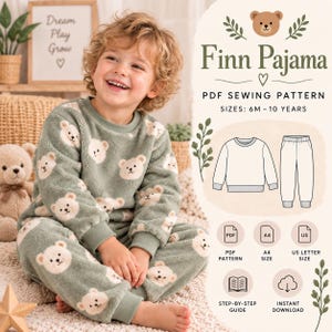 May include: A sage green long-sleeve pajama set with a repeating teddy bear pattern. The text reads Finn Pajama PDF SEWING PATTERN SIZES: 6M - 10 YEARS. Includes icons for PDF pattern, A4 size, US letter size, step-by-step guide, and instant download.