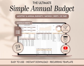 Presupuesto anual simple, hoja de cálculo de Google Sheets, planificador de presupuesto, plantilla digital, seguimiento de presupuesto semanal y mensual, seguimiento de objetivos de ahorro.