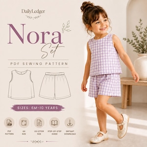 May include: A PDF sewing pattern for the Nora Set, featuring a sleeveless top and shorts in a light purple and white gingham check. The digital document includes text for sizes 6M-10 years, A4 and US letter size options, and a step-by-step guide.