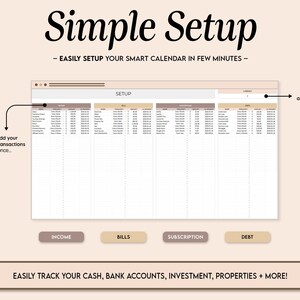 Puede incluir: Una interfaz de planificador digital con el t&iacute;tulo "Simple Setup" y el texto "Easily setup your smart calendar in few minutes." La interfaz incluye secciones para ingresos, facturas, suscripciones y deudas. Tambi&eacute;n es visible el texto "Simply add your recurring transactions only once".