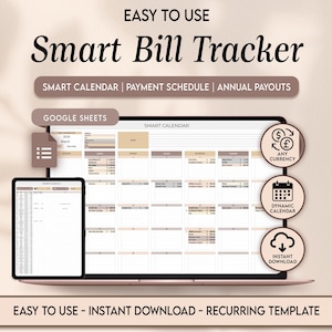 Puede incluir: Un Smart Bill Tracker digital que se muestra en una computadora port&aacute;til y una tableta. La pantalla muestra un dise&ntilde;o de calendario con datos financieros. El texto incluye "Easy to Use", "Smart Bill Tracker", "Smart Calendar" e "Instant Download".